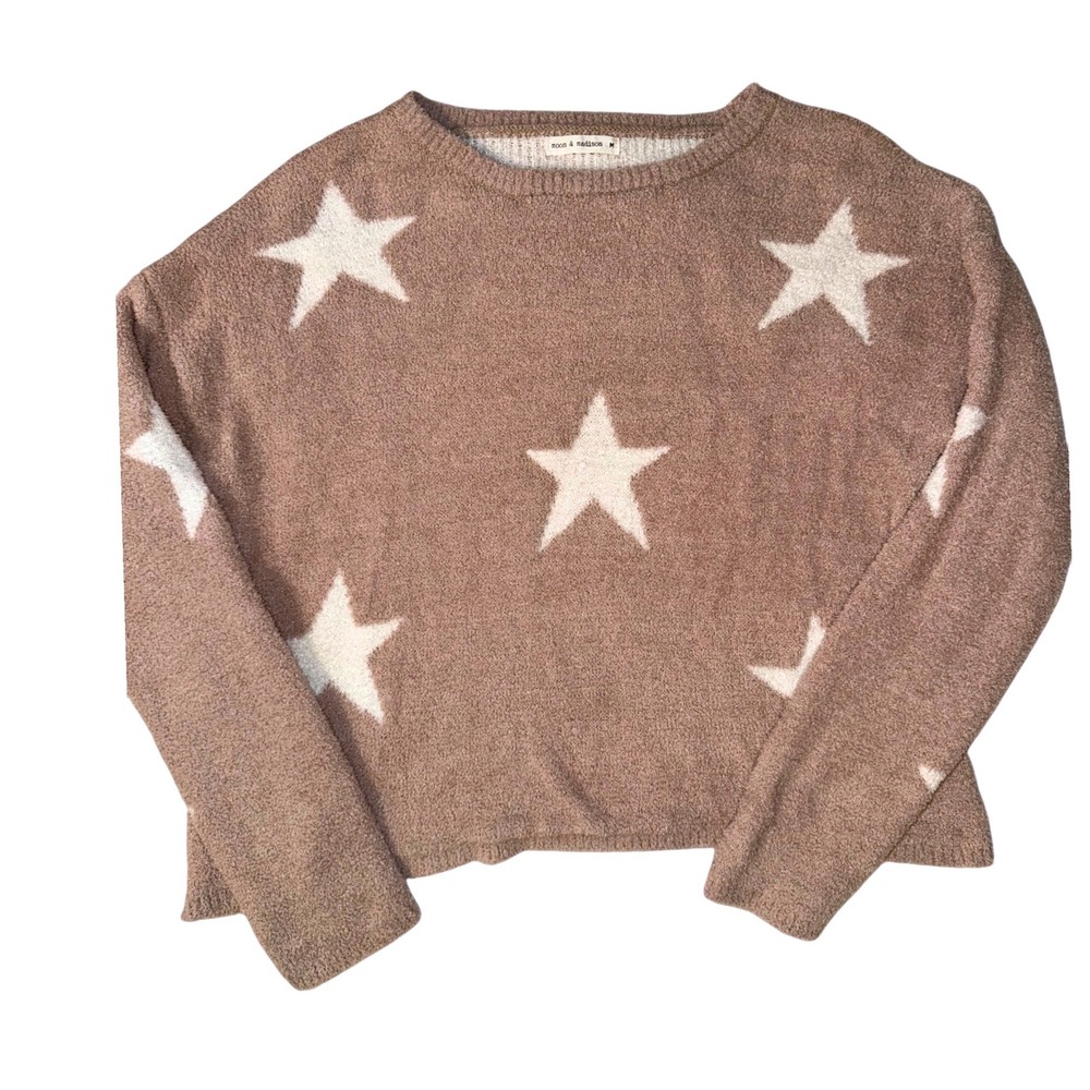 Moon & Madison Womens Star Print Fuzzy Knit Sweater Taupe Brown Medium